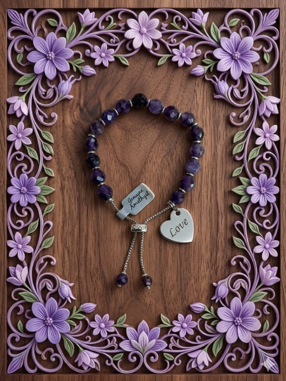 Genuine Amethyst "Love & Dream" Adjustable Slider Bracelet Vintage